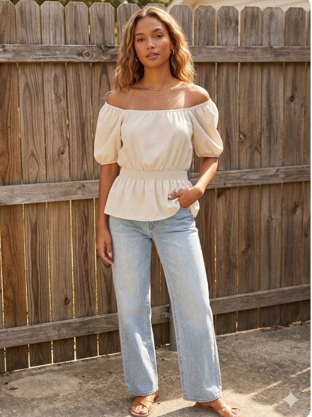 👗Lauren Conrad Light Beige Off-Shoulder Peplum Top